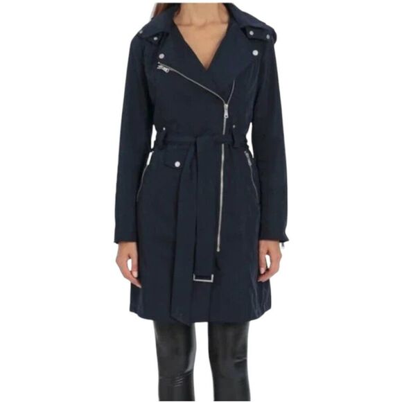 Avec Les Filles Jackets & Blazers - Avec Les Filles Women's Moto Trench Jacket Hooded w/ Belt in Navy Size S